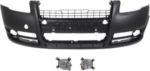 Front Bumper Cover for Audi A4 2005-2009, Primed (Ready to Paint), 3-Piece Kit, with Fog Lights, Replacement