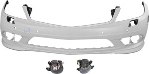 Front Bumper Cover for Mercedes-Benz C-Class 2008-2011, Primed (Ready to Paint), 3-Piece Kit, with Fog Lights, Replacement