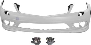 Front Bumper Cover Kit for 2008-2011 Mercedes-Benz C-Class, Primed (Ready to Paint), 3-Piece Kit, with Fog Lights, Replacement