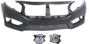 Front Bumper Cover for HONDA CIVIC 2016-2018, Primed (Ready to Paint), 3-Piece Kit, with Fog Lights, Replacement