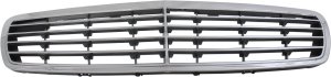 Grille for Mercedes-Benz E-Class 2003-2006, Sedan/Wagon, Plastic Chrome Shell with Silver Insert, 9-Molding, Without Proximity Cruise Control, Elegance Package, Replacement