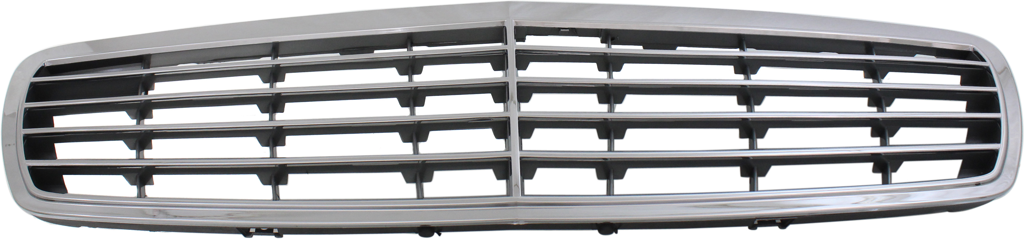 Grille for Mercedes-Benz E-Class 2003-2006, Sedan/Wagon, Plastic Chrome Shell with Silver Insert, 9-Molding, Without Proximity Cruise Control, Elegance Package, Replacement