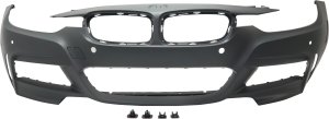 Front Bumper Cover for BMW 3-Series 2013-2019, Primed (Ready to Paint), with M Sport Package and Park Distance Control Sensor Holes, without Headlight Washer, Park Assist Sensor, Camera Holes, Sedan (2013-2018)/Wagon, Replacement