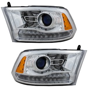 Projector Headlight Assembly for Dodge RAM Full Size Pickup 2009-2012, Right (Passenger) and Left (Driver), Halogen Light, Chrome Interior, with Quad Lights, Code LME, Replacement