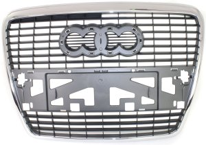Grille for Audi A6 Quattro 2005-2008, Chrome Shell with Painted Silver-Black Insert, Without Park Distance Sensors and Sport Package, Replacement