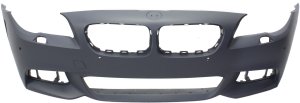 Front Bumper Cover for BMW 5-Series 2014-2016 Sedan, Primed (Ready to Paint), with M Package, with Park Distance Control Sensor and Camera Hole, Replacement Models: 528i, 535i, 550i.