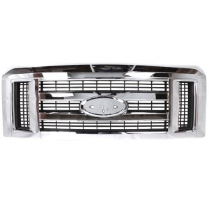 Grille for 2008-2021 Econoline Van, Plastic Chrome Shell with Painted Gray Insert, Excluding Stripped Chassis Model, Replacement