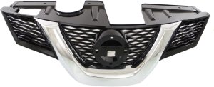 Grille for Nissan Rogue 2014-2016, Painted Black Shell and Insert with Chrome Molding and Hole, SL/SV with Premium Package Model, USA Built Vehicle, Replacement