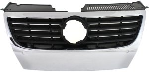 Chrome Shell/Black Insert Grille for Volkswagen Passat 2006-2010, without Passenger Airbag Sensor Holes and Chrome Insert Molding, with Park Distance Control Holes, Replacement
