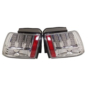 LED Tail Light for Ford Mustang 1999-2004, Right (Passenger) and Left (Driver), Lens and Housing, Chrome, 2-Piece, Replacement