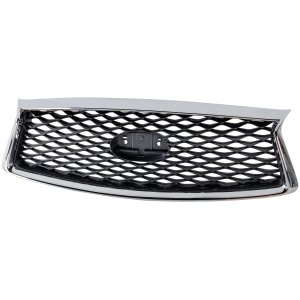 Grille for Infiniti Q50 2018-2020, Painted Dark Gray with Chrome Insert, Without Front View Camera, With Illuminated Emblem, Replacement