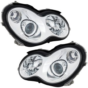 Headlight Assembly for Mercedes-Benz C Class 2005-2007 Sedan/Wagon, Right (Passenger) and Left (Driver), Halogen, Chrome Bezel, 2-Piece, Replacement