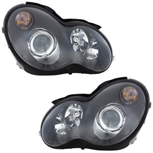 Headlight Assembly for Mercedes-Benz C Class 2005-2007 Sedan/Wagon, Right (Passenger) and Left (Driver), Halogen, Black Bezel, 2-Piece, Replacement
