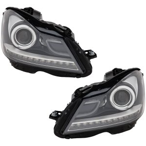 Projector Headlight Assembly for Mercedes Benz C-Class Coupe 2012-2014, Right (Passenger) and Left (Driver), Halogen, Black Interior, with LED Daytime Running Lights, without Corner Light, Replacement