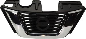 Grille for Nissan ROGUE 2017-2018, Textured Black/Chrome Molding, Replacement, Fit S, SL (USA-2017), SV Models (excluding Midnight Special Edition Package 2017) from Japan, Korea, USA and Hybrid Models 2017 with Pre-Collision System/Camera Hole