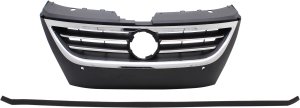 Grille for Volkswagen CC 2009-2012, Passat CC 2009-2010, Primed (Ready to Paint) Black Shell and Insert, with Chrome Molding, with Distance Sensor Hole, Replacement