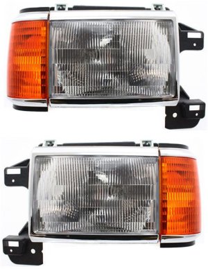 Pair/Set - Headlight Assembly for Ford F-Series 1987-1991, Right (Passenger) and Left (Driver), w/ Side Marker Light, Halogen, w/ Chrome Trim, Replacement