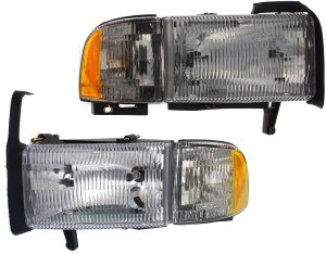 Headlight Assembly Pair/Set for Dodge RAM Full-Size Pickup 1994-2002, Right (Passenger) and Left (Driver), Halogen with Corner Light, Old Body Style, Excludes 1999-2002 Sport Package, Replacement