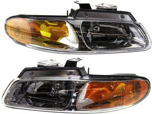 Headlight Assembly Pair/Set for 1996-1999 Dodge Caravan, Town and Country, Plymouth Voyager, Right (Passenger) and Left (Driver), Halogen, Without Quad Lights, Replacement