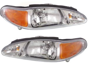 Headlight Assembly Pair/Set for Ford Escort 1997-2002, Right (Passenger), Left (Driver) with Halogen and Side Marker Light, Compatible with Sedan/Wagon, Replacement