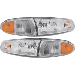 Headlight Assembly for Buick Century 1997-2005, Regal 1997-2004: Right (Passenger) and Left (Driver), Halogen, with Corner Light Bulb, Complete Replacement Pair/Set