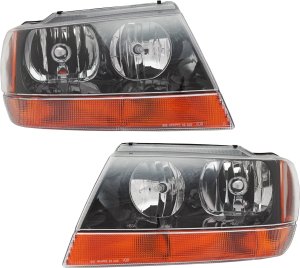 Headlight Assembly Pair/Set for 1999-2002 Jeep Grand Cherokee, Right (Passenger) and Left (Driver), Halogen, Black Interior, Fits Laredo/Sport Models Up To 01-14-2002, Replacement