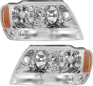 Headlight Assembly Pair/Set for Jeep Grand Cherokee 1999-2004, Right (Passenger) and Left (Driver), Halogen Light with Chrome Interior, Suitable for Limited/Overland Models, Replacement
