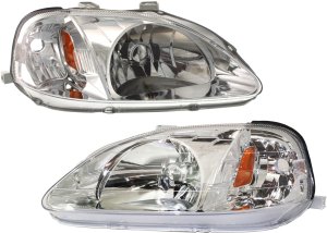 Headlight Pair/Set for Honda Civic 1999-2000, Includes Right (Passenger) and Left (Driver) Lights, Lens and Housing, Halogen Replacement