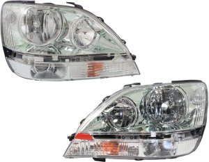 Headlight Assembly Pair/Set for Lexus RX300 2001-2003, Right (Passenger) and Left (Driver), Halogen, Chrome Interior, Replacement