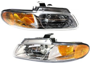 Pair/Set - Headlight Assembly for 2000-2000 Dodge Caravan, Chrysler Town and Country, Plymouth Voyager, Right (Passenger) and Left (Driver), Halogen, Without Quad Lights and Daytime Running Light, Replacement