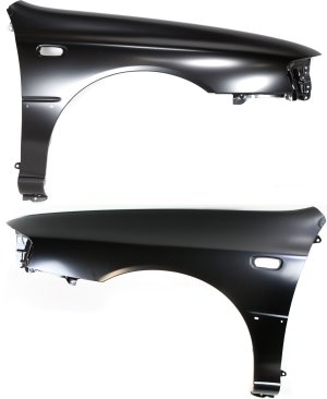 Front Fender Pair/Set for 1998-2001 Subaru Impreza RS Model Coupe, Right (Passenger) and Left (Driver), Primed (Ready to Paint), with Side Light Holes, Replacement