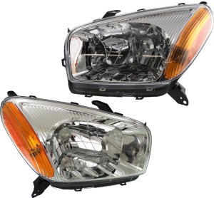 Headlight Assembly Pair/Set for Toyota RAV4 2001-2003, Right (Passenger) and Left (Driver), Halogen, Chrome Interior, without Sport Package, Replacement