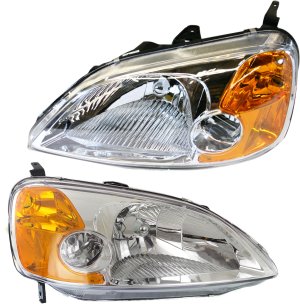 Headlight Pair/Set for Honda Civic 2001-2003, Right (Passenger) and Left (Driver), Lens and Housing, Halogen, Coupe, Replacement