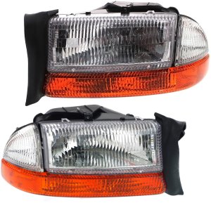 Headlight Assembly Pair/Set for 1997-1997 Dakota, 1998-1998 Durango, Right (Passenger) and Left (Driver) Halogen Light, Includes Park Light without Bulb, Replacement