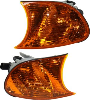 Corner Light Pair/Set for BMW 3-Series 2000-2001, Right (Passenger) and Left (Driver), Lens and Housing, Amber Lens, Convertible/Coupe, To September 2001, Replacement Models: for 320i, 323i, 328i, 330i.
