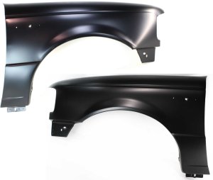 Front Fender Pair/Set for Ford Ranger 1993-1997, Right (Passenger) and Left (Driver), Primed (Ready to Paint), Without Wheel Opening Molding Holes, Replacement