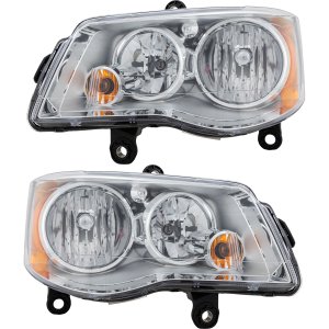 Headlight Assembly Pair/Set for Dodge Grand Caravan (2011-2020) and Chrysler Town and Country (2008-2016), Right (Passenger) and Left (Driver), Halogen, Chrome Interior, Replacement