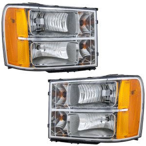 Headlight Assembly Pair/Set for GMC Sierra 1500 (2007-2013), Sierra 2500 HD/Sierra 3500 HD (2007-2014), Right (Passenger) and Left (Driver) Halogen Replacement