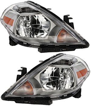 Headlight Assembly Pair/Set for Nissan Versa 2007-2012, Right (Passenger) and Left (Driver), Halogen, Suitable for Hatchback/(Sedan 2007-2011), Replacement