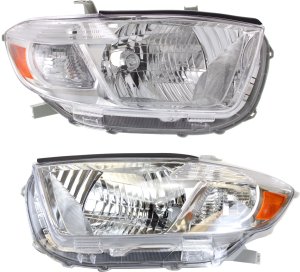 Headlight Pair/Set for 2008-2010 Toyota Highlander, Right (Passenger) and Left (Driver) Side, Lens and Housing, Halogen Replacement