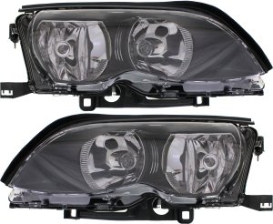 Headlight Assembly Pair/Set for BMW 3-Series 2002-2005, Halogen, Black Interior, Right (Passenger) and Left (Driver), Sedan/Wagon Replacement Models: for 320i, 325i, 330i.