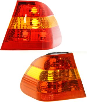 Tail Light Pair/Set for BMW 3-Series 2002-2005, Sedan, Right (Passenger) and Left (Driver), Outer, Lens and Housing, Amber Red Lens, Replacement Models: for 320i, 325i, 330i, 335i.