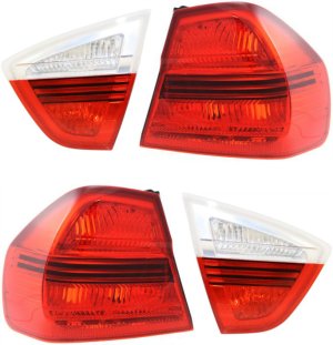 Inner and Outer Tail Light Lens and Housing Pair/Set for BMW 3-Series 2006-2008 Sedan, Right (Passenger) and Left (Driver) Replacement. Fits: 325i, 325xi, 330i, 330xi.