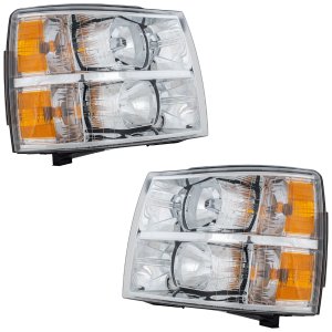 Headlight Assembly Pair/Set for Chevrolet Silverado 1500 (2007-2013), Silverado 2500 HD/Silverado 3500 HD (2007-2014), Halogen, Right (Passenger) and Left (Driver), Replacement