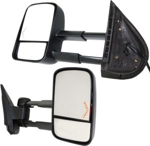 Towing Mirror Pair/Set for Chevrolet Silverado/Suburban 2007-2014, Right (Passenger) and Left (Driver), Power, Manual Folding, Heated, Textured, with In-Glass Signal Light, without Memory and Puddle Light Replacement
