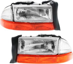 Headlight Assembly Pair/Set for 1998-2004 Dakota / 1998-2003 Durango, Right (Passenger) and Left (Driver), Halogen, with Park Light and Bracket, Dodge Replacement