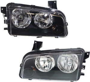 Headlight Assembly Pair/Set for Dodge Charger 2007-2010, Right (Passenger) and Left (Driver), Halogen, Black Interior, From 11-8-06 Replacement