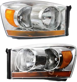 Headlight Assembly Pair/Set for 2006 Dodge Full Size Pickup, Right (Passenger) and Left (Driver), Halogen Headlight with Chrome Interior, Replacement