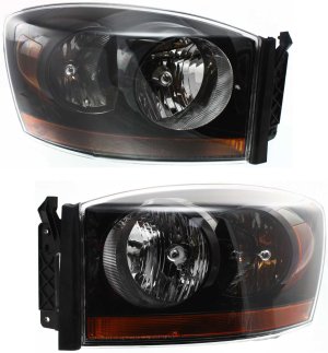 Headlight Assembly Pair/Set for Dodge Full Size Pickup 2006, Right (Passenger) and Left (Driver) Side, Halogen, Black Interior, Replacement