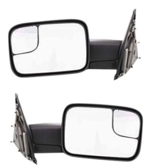 Towing Mirror Pair/Set for Dodge RAM 1500 Pickup 2002-2009 and RAM 3500 Pickup 2003-2010, Right (Passenger) and Left (Driver), Power, Manual Folding, Heated, Textured Replacement